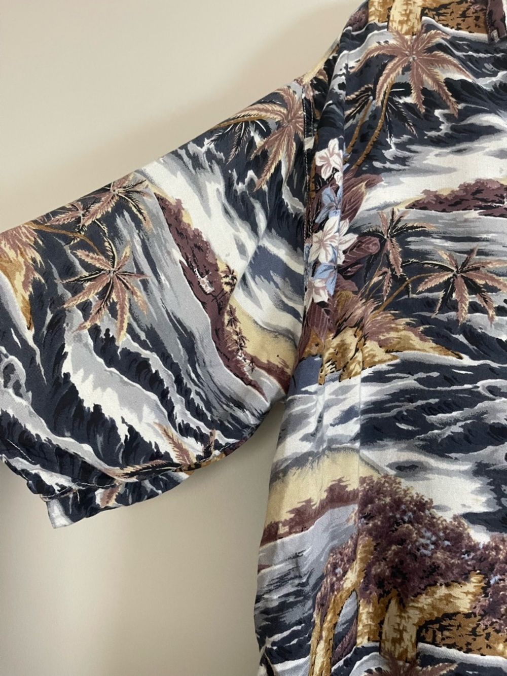 Ferrous Tropical Print Button-Up Shirt In Black, Brown & Cream View 3